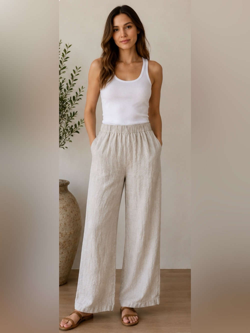 Velvet by Graham & Spencer Cream Wide-Leg Elastic Waist Pants
